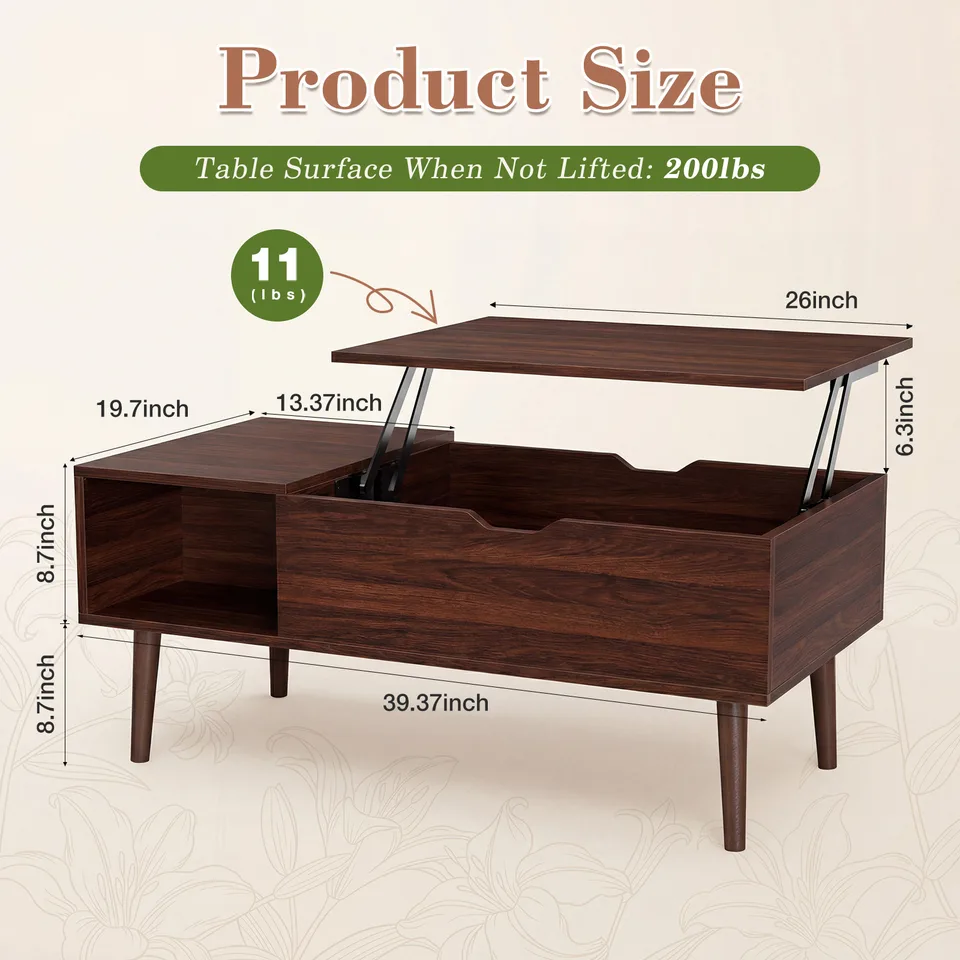 Lift Tabletop Coffee Tables For Living Room With Storage Shelf And Hidden Compartment view 3