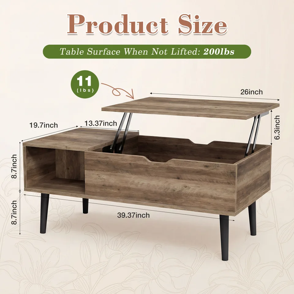 Lift Tabletop Coffee Tables For Living Room With Storage Shelf And Hidden Compartment view 4