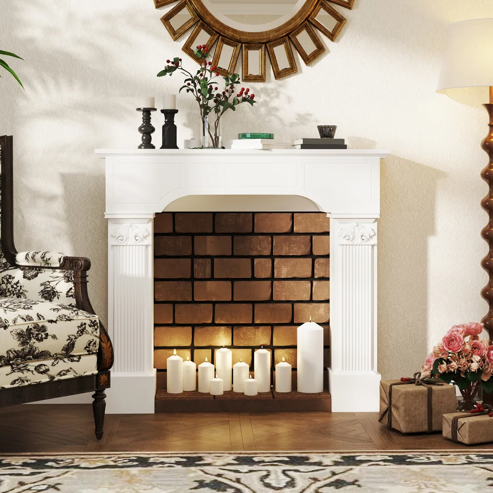 Baroque Fireplace Mantle, Freestanding Fireplace Surround for Electric Fireplaces, 43.3" W x 42.8" H, White view 3