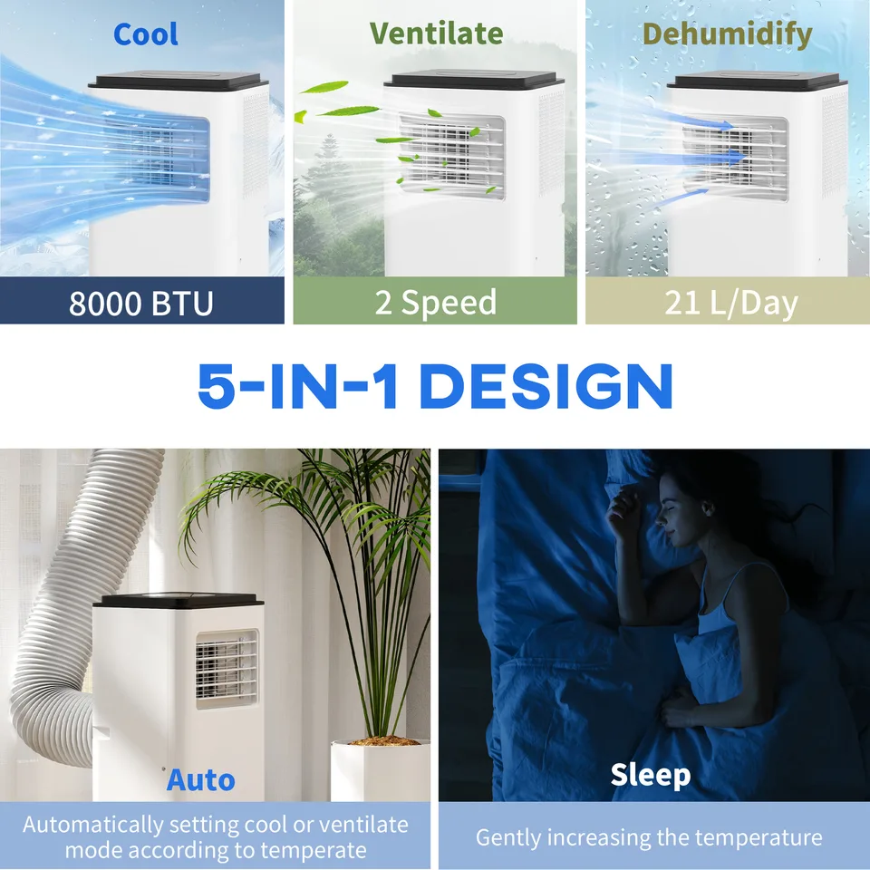 10,000 BTU Moible Air Conditioner 440 Sq. Ft., Dehumidifier Fan Auto Sleep with 24H Timer On/Off, Window Kit, White