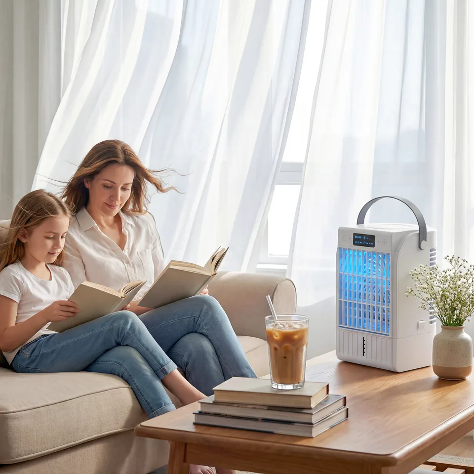 Portable Air Conditioner, 4-in-1 Mini Air Cooler with 4 Wind Speed, 2 Mist Mode, RGB 7 LED Light