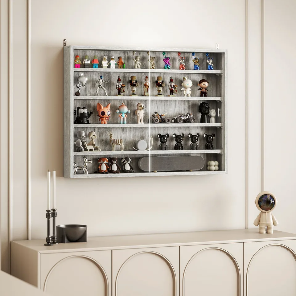 5-Tier Display Cabinet, Wall-Mounted Display Case with 2 Glass Doors and Adjustable Shelves, Gray view 2