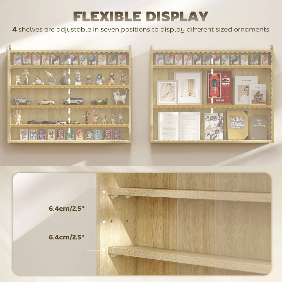 5-Tier Display Cabinet, Wall-Mounted Display Case with 2 Glass Doors and Adjustable Shelves, Oak view 4