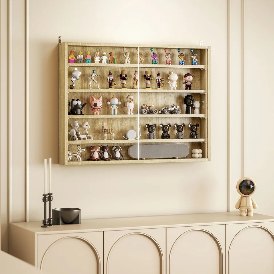 5-Tier Display Cabinet, Wall-Mounted Display Case with 2 Glass Doors and Adjustable Shelves, Oak view 3