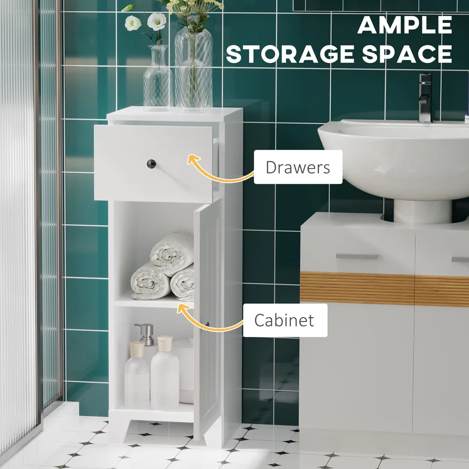 Short Bathroom Storage Cabinet, Cabinet Organizer with 1 Drawer and Adjustable Shelf for Living Room, White view 2