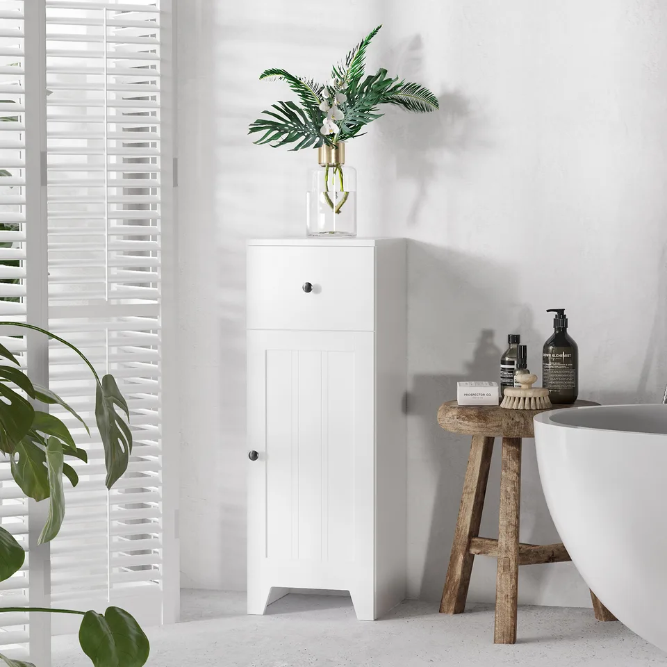 Short Bathroom Storage Cabinet, Cabinet Organizer with 1 Drawer and Adjustable Shelf for Living Room, White