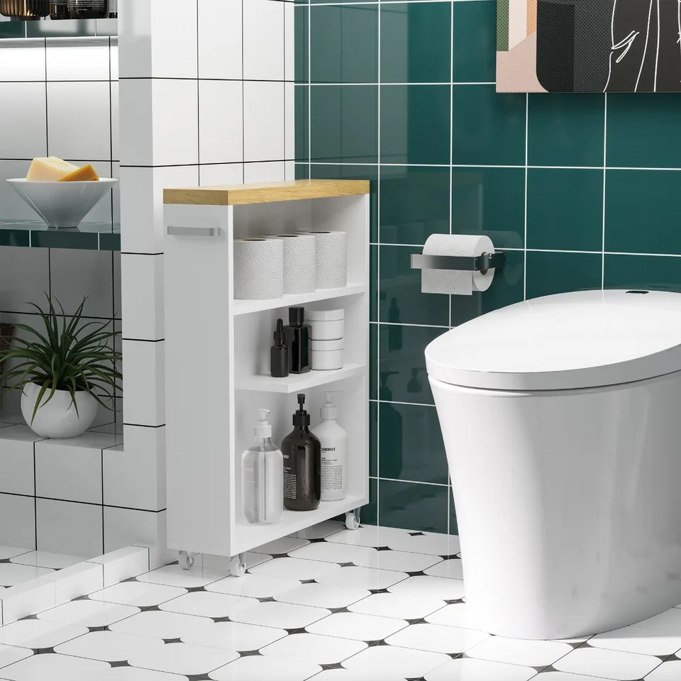 Slim Bathroom Cabinet with Castor Wheels Storage Organizer and Wood Shelves To Fit In Small Spaces, White