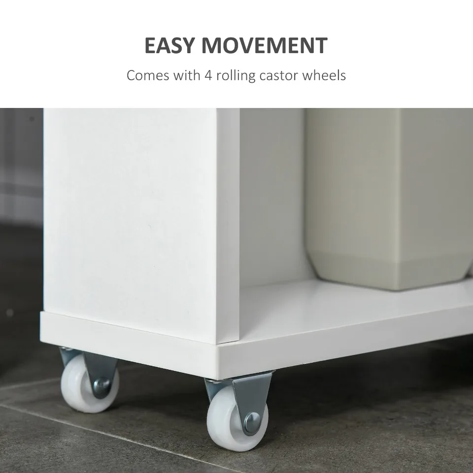 Slim Bathroom Cabinet with Castor Wheels Storage Organizer and Wood Shelves To Fit In Small Spaces, White view 3