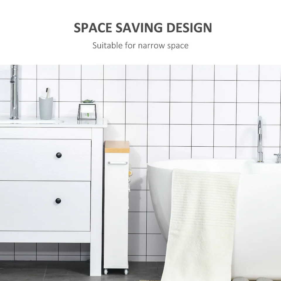Slim Bathroom Cabinet with Castor Wheels Storage Organizer and Wood Shelves To Fit In Small Spaces, White view 2