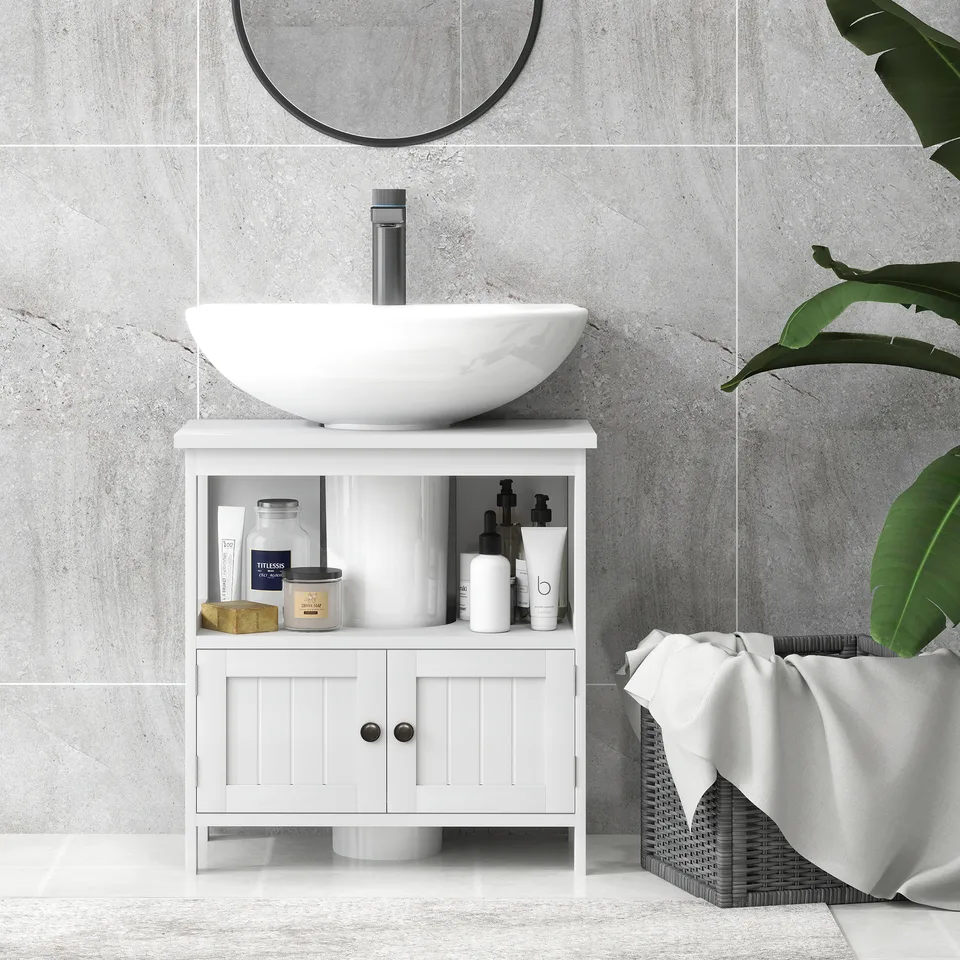 Pedestal Sink Storage Cabinet, Bathroom Under Sink Cabinet with 2 Doors and Open Shelf, Bathroom Vanity, White view 3