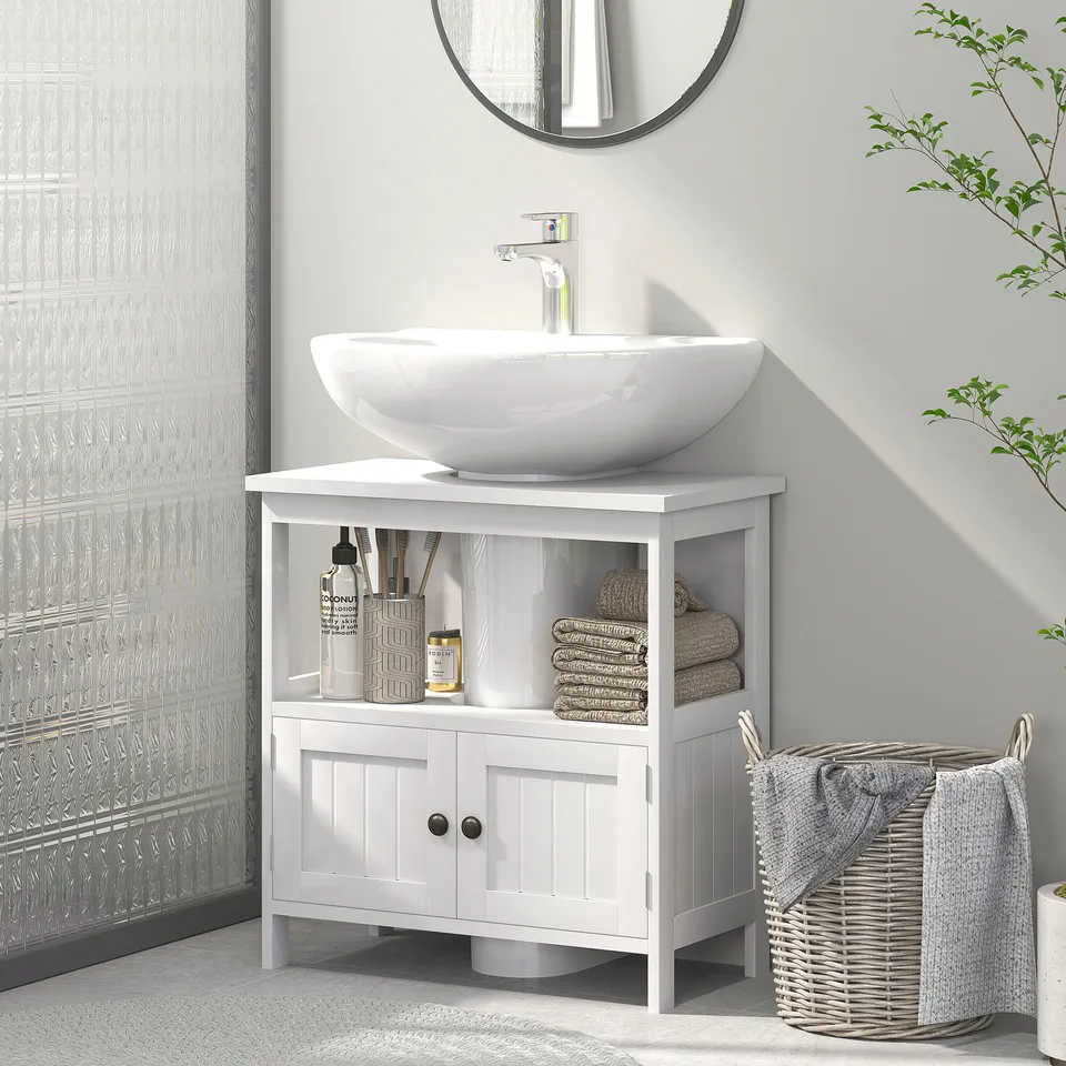 Pedestal Sink Storage Cabinet, Bathroom Under Sink Cabinet with 2 Doors and Open Shelf, Bathroom Vanity, White