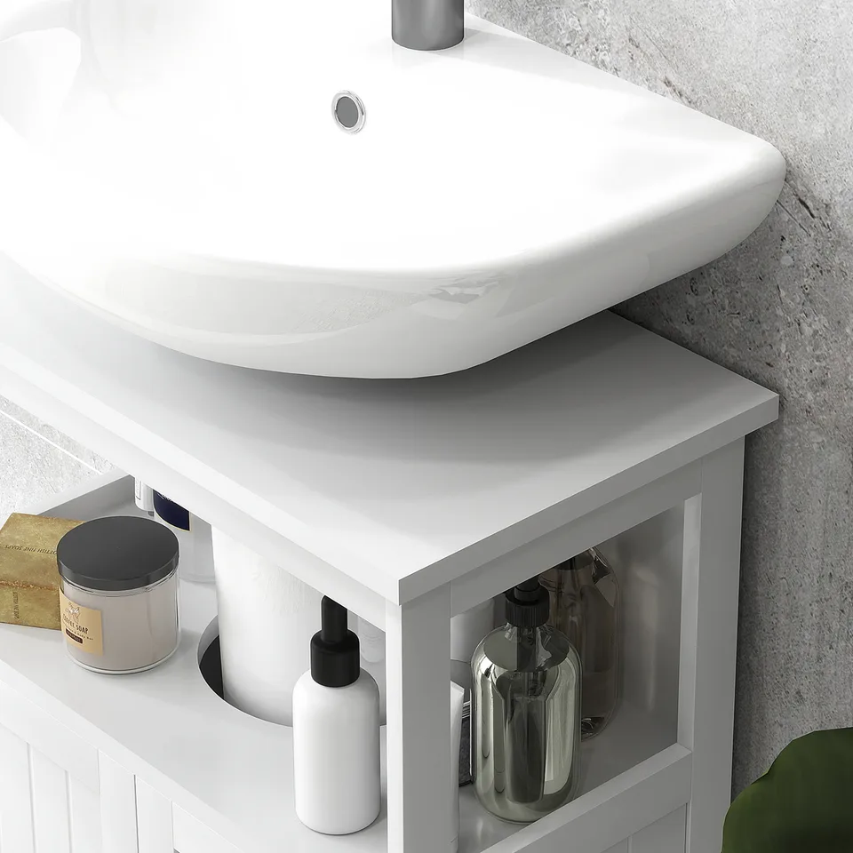 Pedestal Sink Storage Cabinet, Bathroom Under Sink Cabinet with 2 Doors and Open Shelf, Bathroom Vanity, White view 2