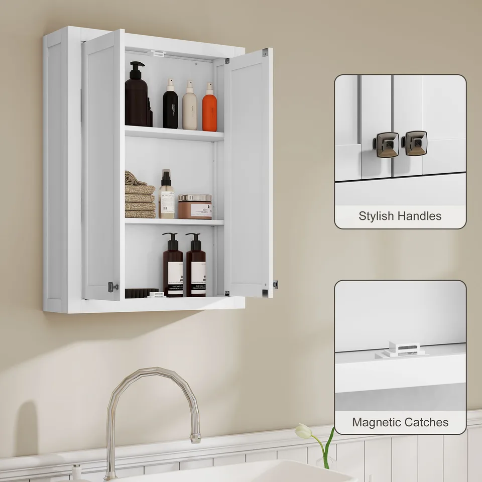 Bathroom Cabinet Wall Mounted, Modern Bathroom Wall Cabinet with 2 Doors and 2 Adjustable Shelves, White view 2