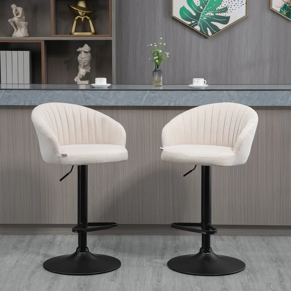 Modern Upholstered Adjustable Barstools with Swivel Seat, Linen Touch Fabric, Steel Frame, Footrest, ‎Beige