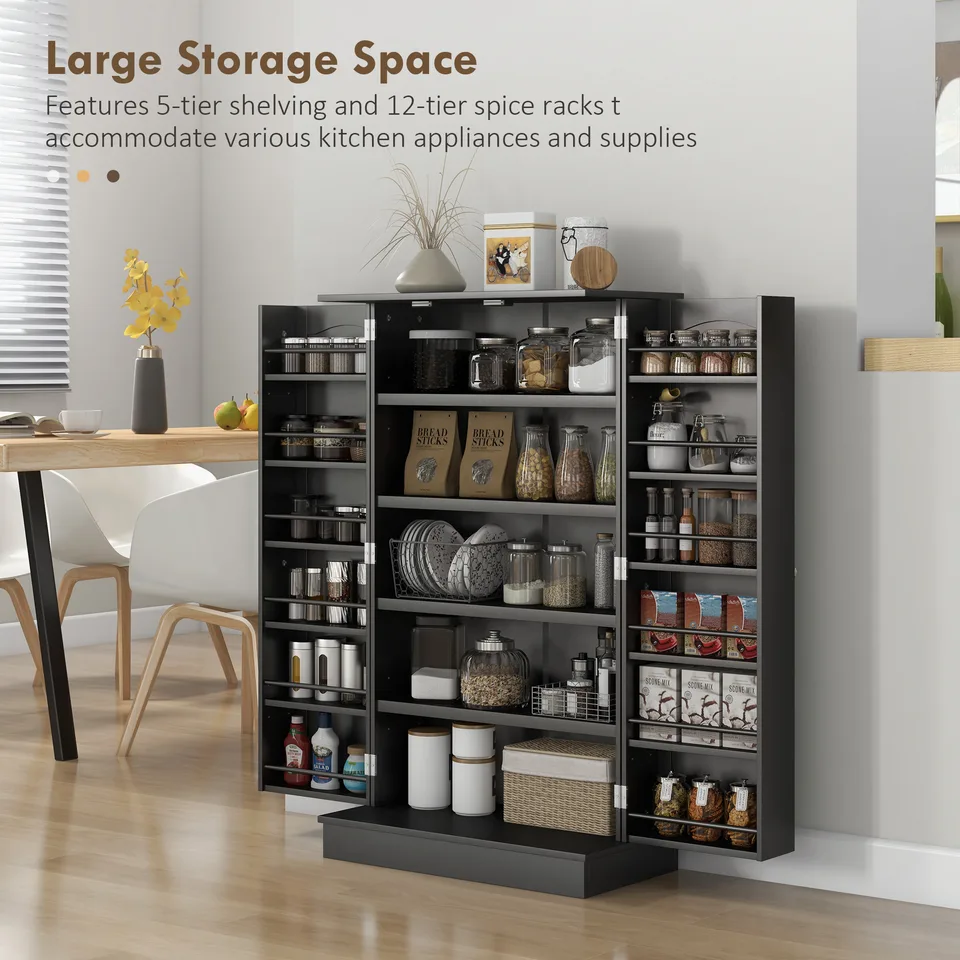 Freestanding Kitchen Pantry Cabinet, Kitchen Cabinet with 12 Door Shelves, Double Doors, 5-tier Shelving, Black view 2
