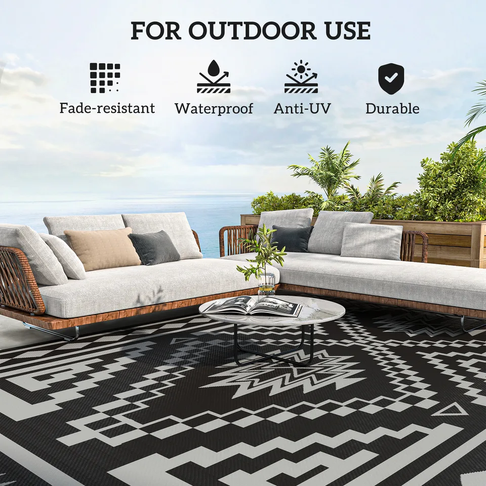 Reversible Outdoor Rug, Waterproof Plastic Straw with Carry Bag, 9' x 18', Black & Gray Square Patchwork view 2