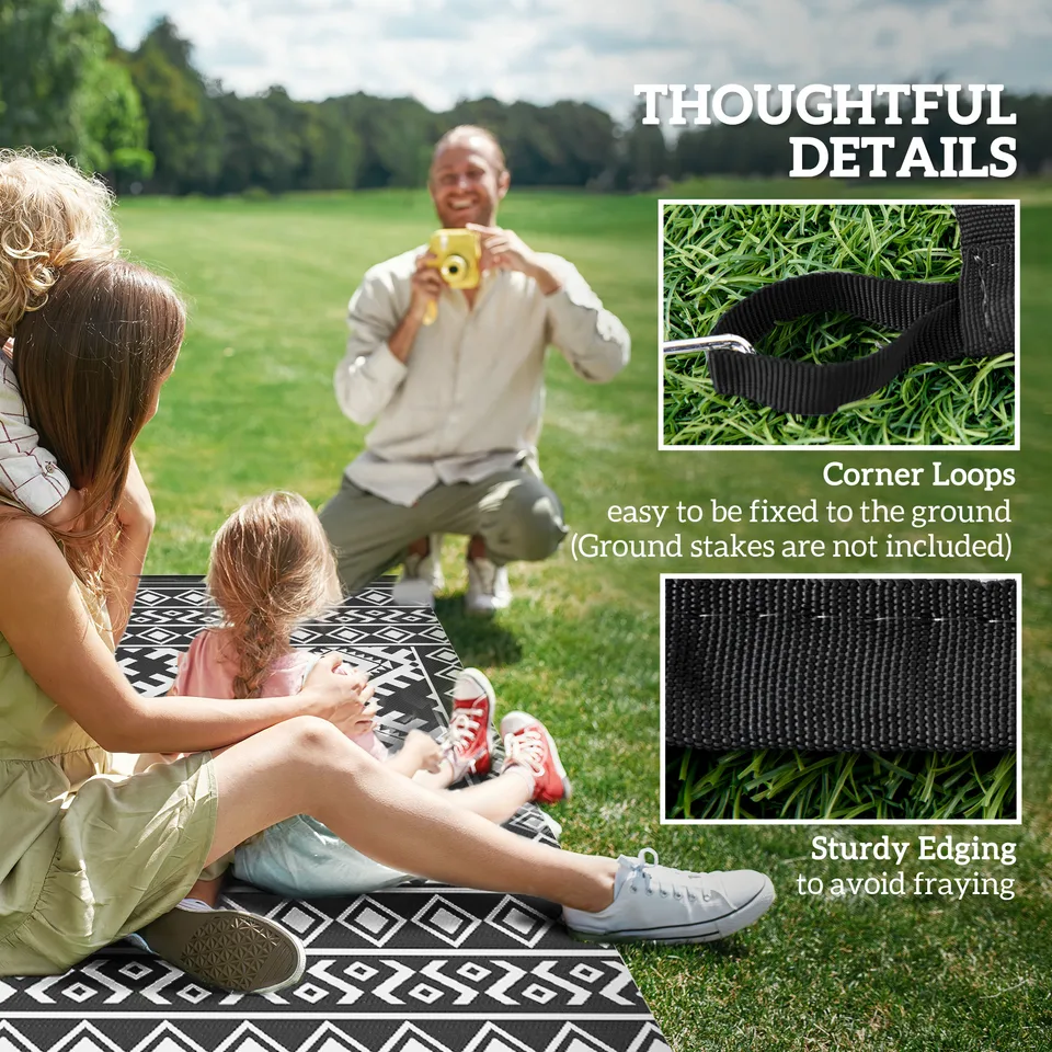 Reversible Outdoor Rug, Waterproof Plastic Straw with Carry Bag, 9' x 18', Black & White Rhombus Border view 2