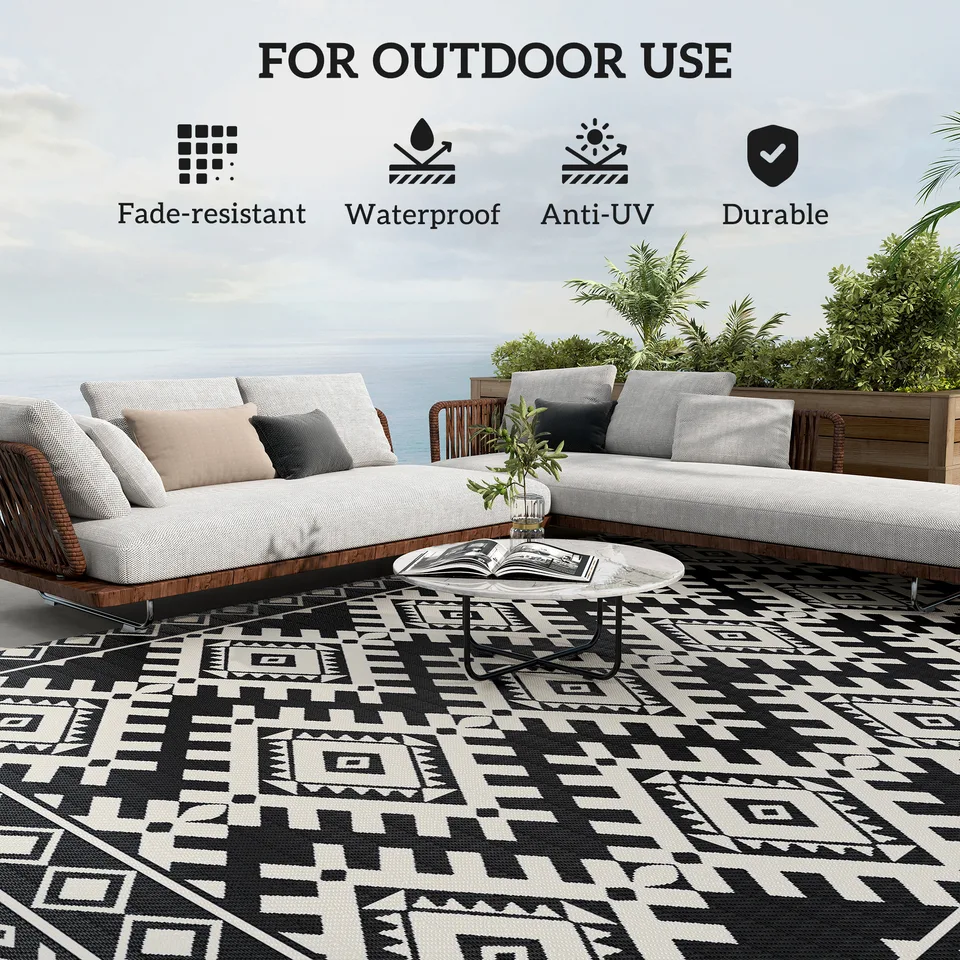 Reversible Outdoor Rug, Waterproof Plastic Straw with Carry Bag, 9' x 18', Black & White Rhombus Border view 4