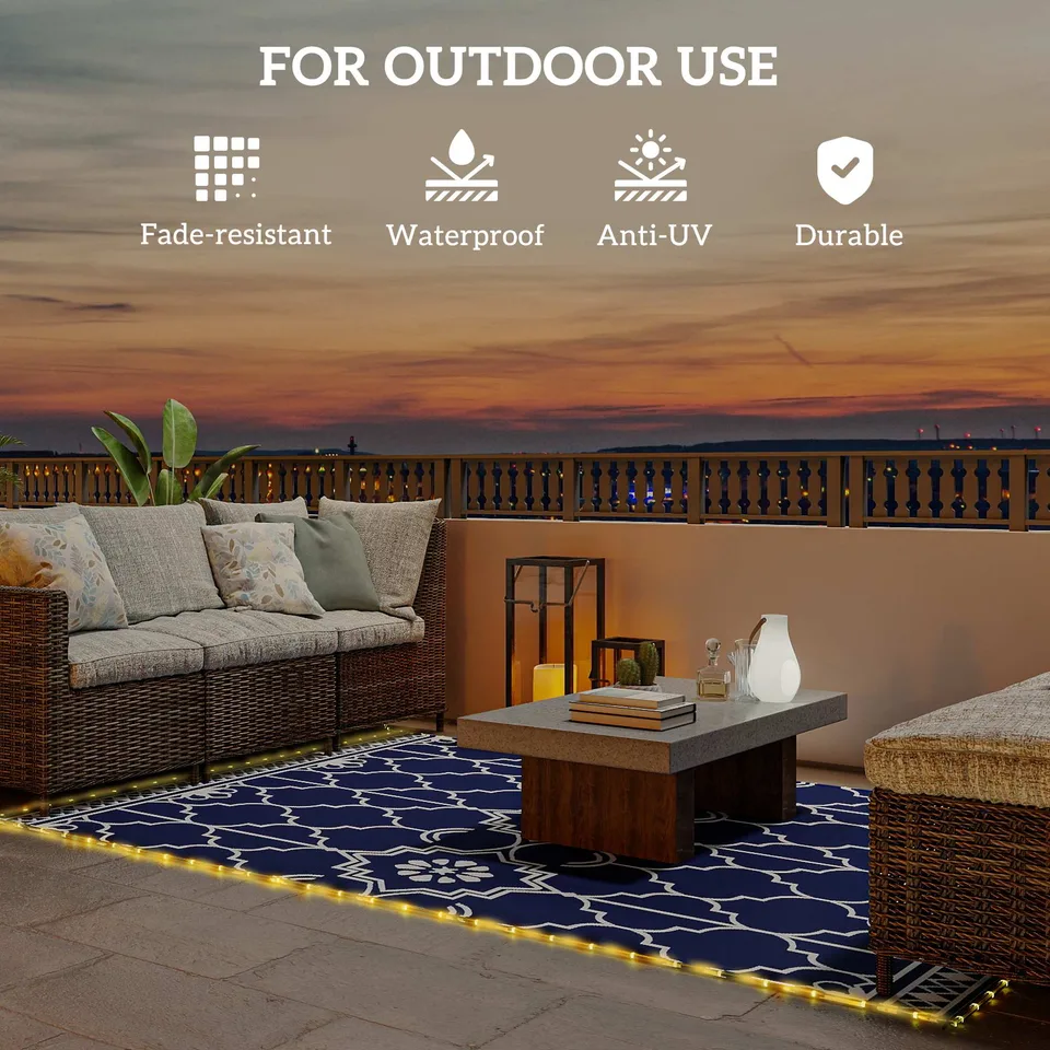 Reversible Outdoor Rug Carpet with LED Lights, 10 x 8 PP Straw Rug with Carry Bag and Ground Stakes view 3