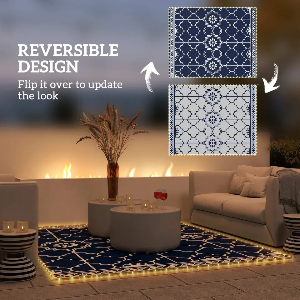 Reversible Outdoor Rug Carpet with LED Lights, 10 x 8 PP Straw Rug with Carry Bag and Ground Stakes view 2