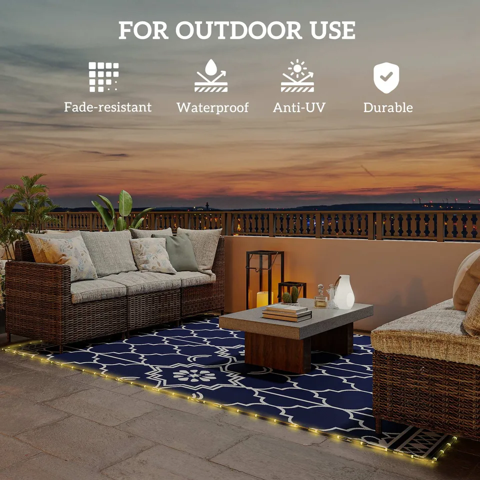 Reversible Outdoor Rug Carpet with LED Lights, 12 x 9 PP Straw Rug with Carry Bag and Ground Stakes view 2