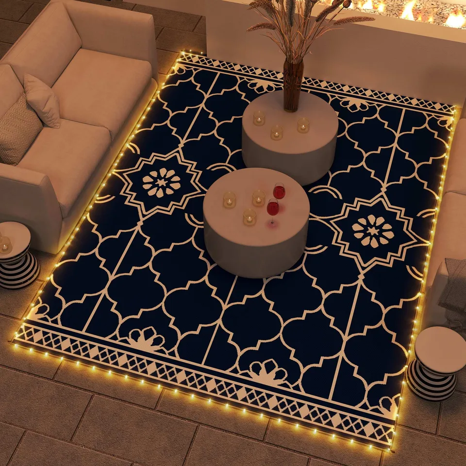 Reversible Outdoor Rug Carpet with LED Lights, 12 x 9 PP Straw Rug with Carry Bag and Ground Stakes