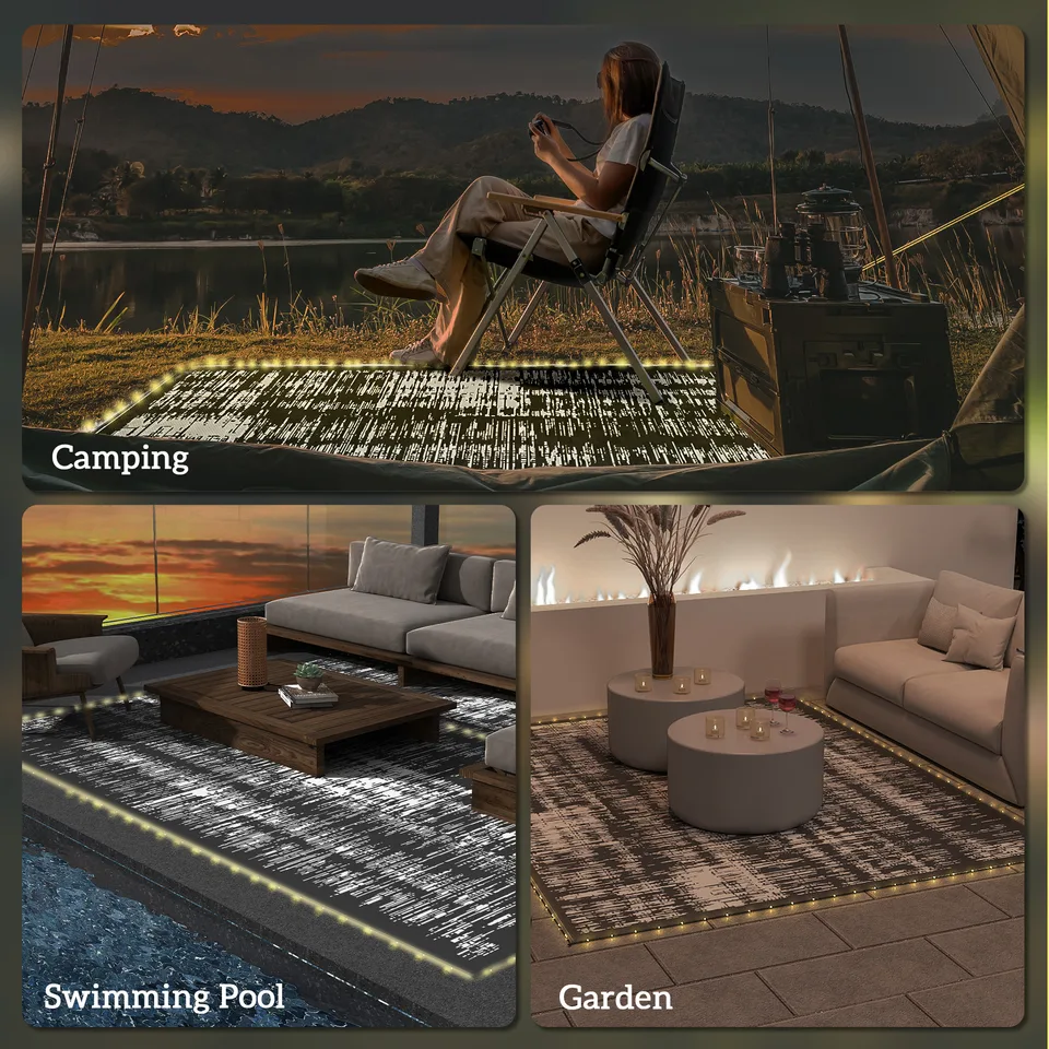 Reversible Outdoor Rug Carpet with LED Lights, Carry Bag & Ground Stakes for Backyard, Deck, Picnic, Beach, 10 x 8 view 2