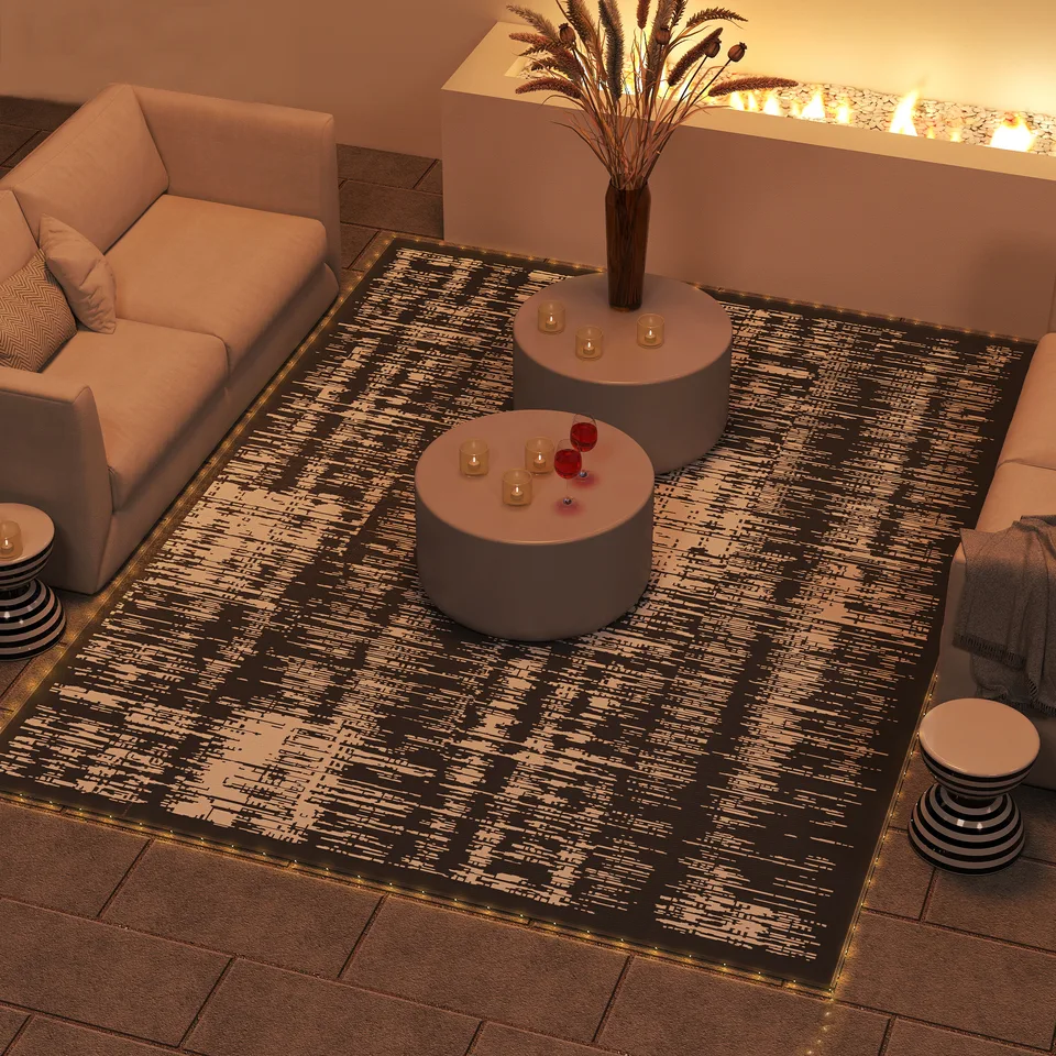 Reversible Outdoor Rug Carpet with LED Lights, Carry Bag & Ground Stakes for Backyard, Deck, Picnic, Beach, 12 x 9