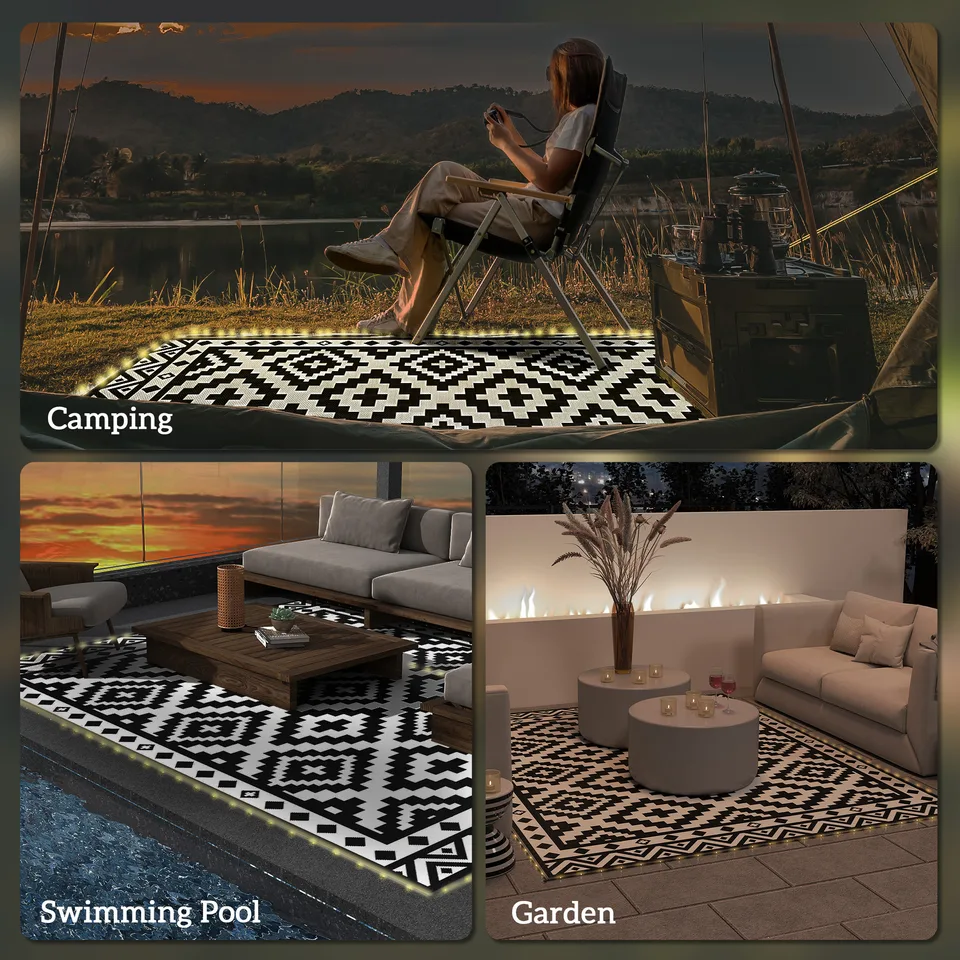Outdoor Rug Carpet Reversible Plastic Straw Rug with LED Lights Black and White 10 x 8 for Patio view 2