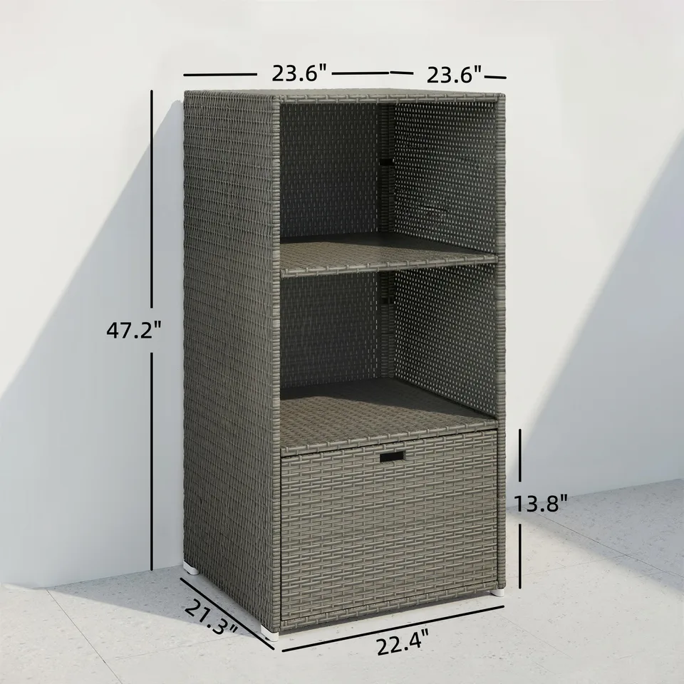 Valet Pool Towel Rack, Water-Resistant PE Plastic Rattan Wicker Storage Organizer, 2 Shelves, 1 Basket Drawer, Dark Gray view 4