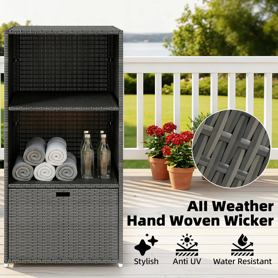 Valet Pool Towel Rack, Water-Resistant PE Plastic Rattan Wicker Storage Organizer, 2 Shelves, 1 Basket Drawer, Dark Gray view 3