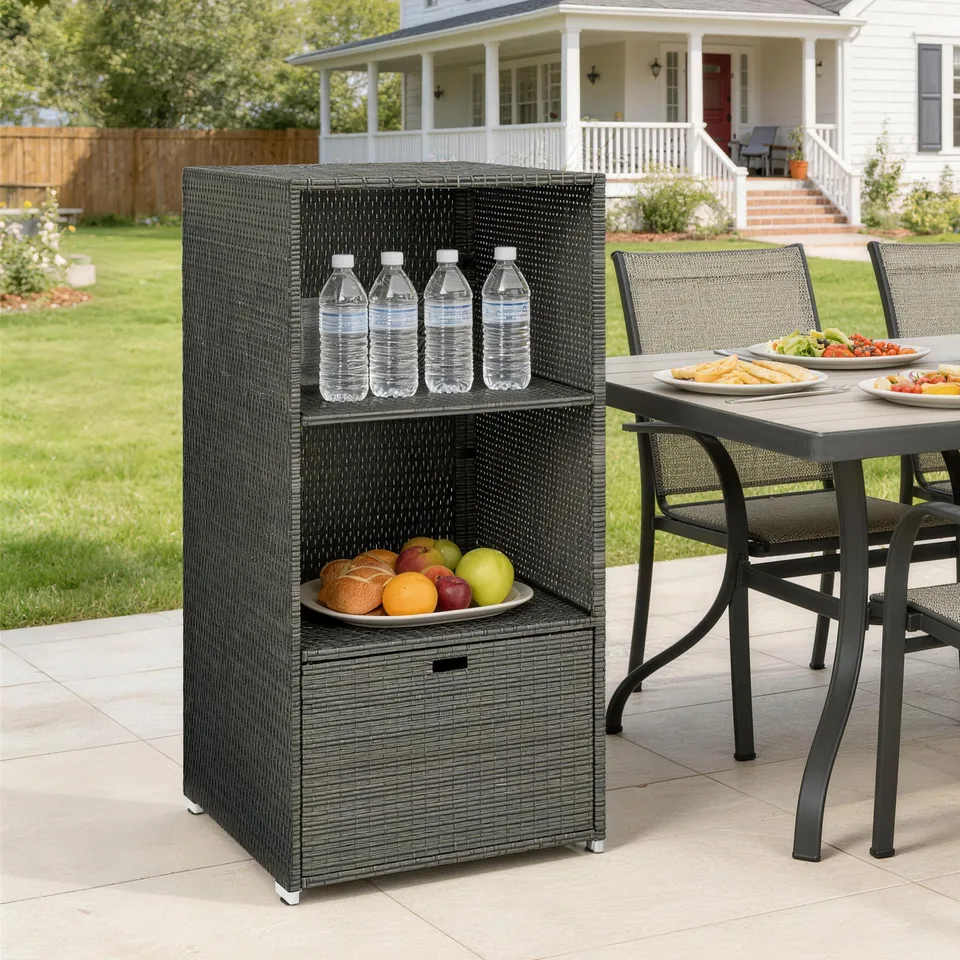 Valet Pool Towel Rack, Water-Resistant PE Plastic Rattan Wicker Storage Organizer, 2 Shelves, 1 Basket Drawer, Dark Gray view 2