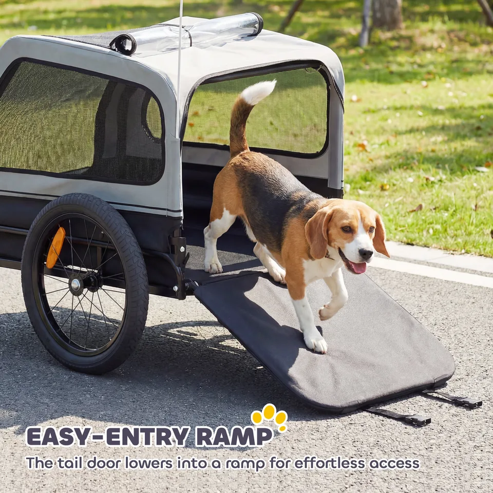 Dog Bike Trailer for Small & Medium Dogs, Universal Bicycle Coupler, Flip-Down Ramp Tailgate, Gray view 2