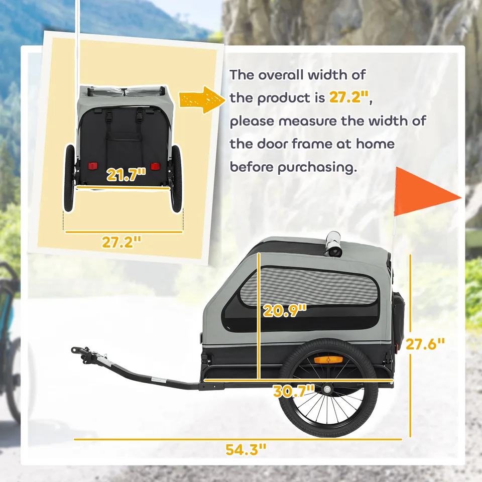 Dog Bike Trailer for Small & Medium Dogs, Universal Bicycle Coupler, Flip-Down Ramp Tailgate, Gray view 3