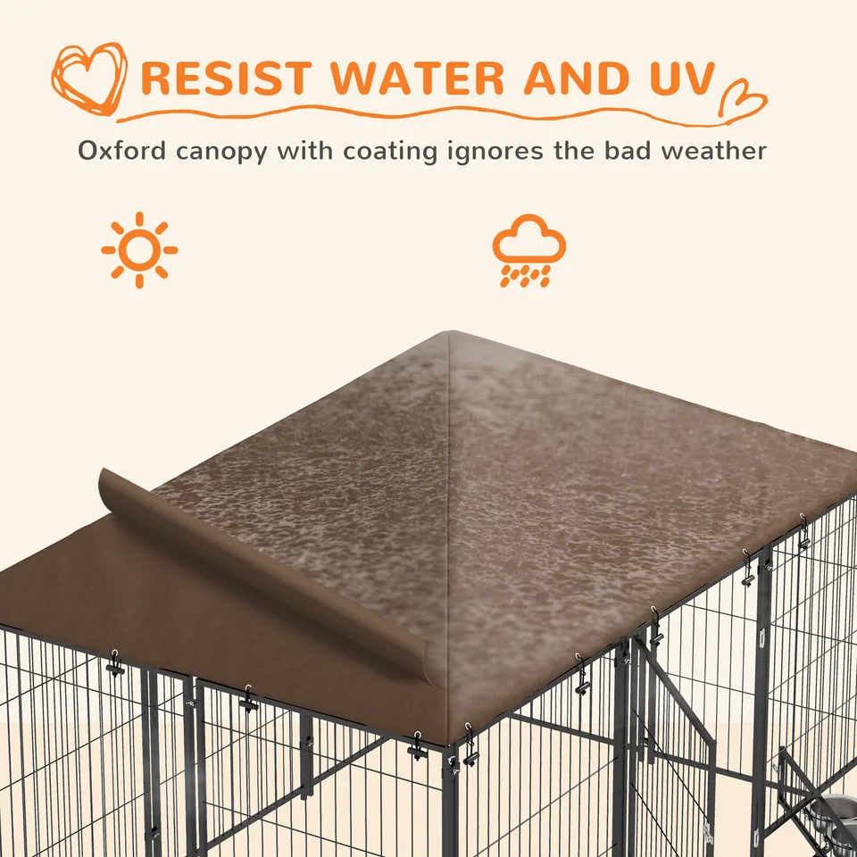 Outside Dog Kennel, 6.9 x 4.6 x 5 Puppy Play Pen with Canopy, Garden Playpen Fence Crate with Rotating Bowl, Black view 3