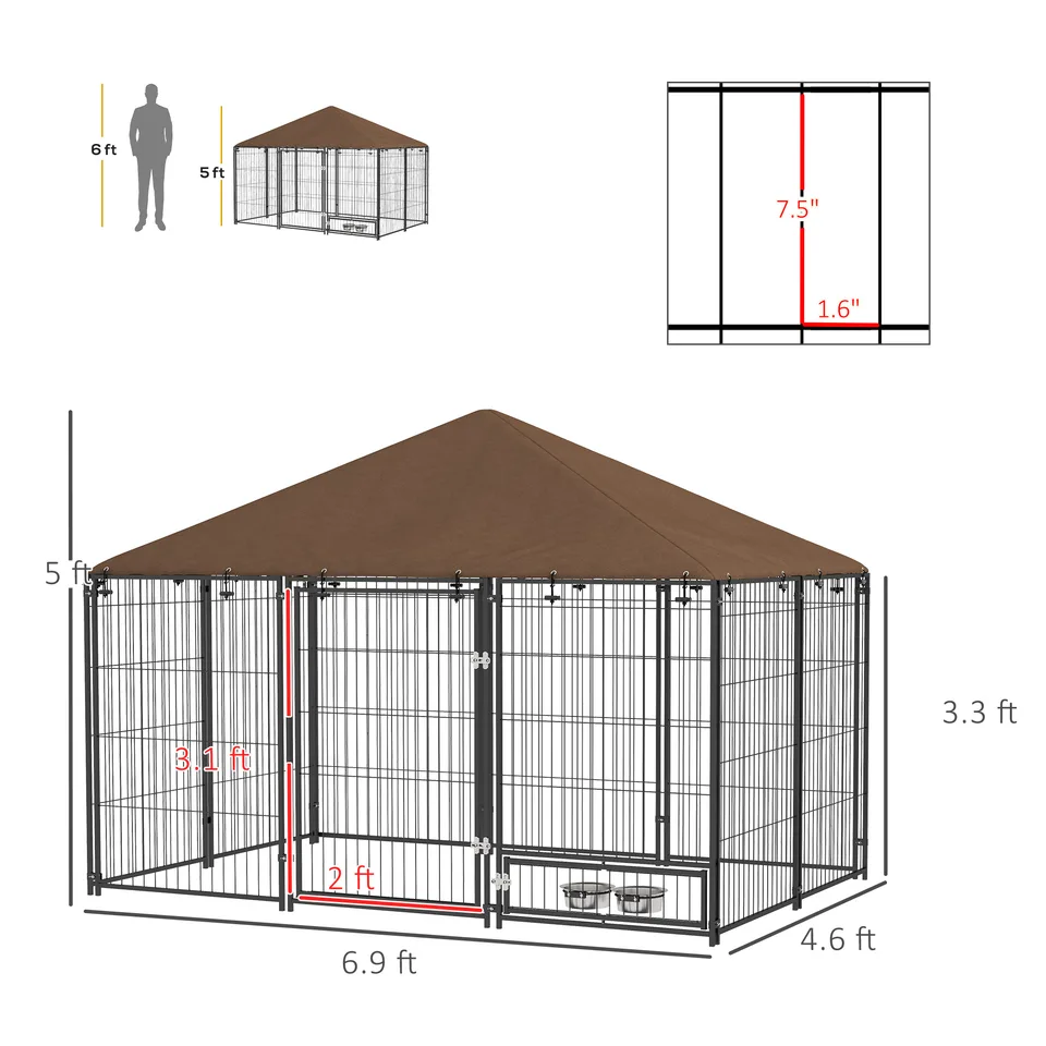 Outside Dog Kennel, 6.9 x 4.6 x 5 Puppy Play Pen with Canopy, Garden Playpen Fence Crate with Rotating Bowl, Black view 2
