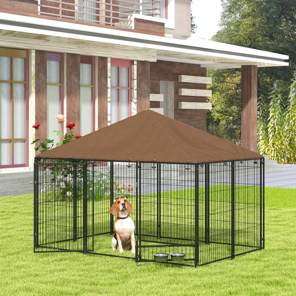 Outside Dog Kennel, 6.9 x 4.6 x 5 Puppy Play Pen with Canopy, Garden Playpen Fence Crate with Rotating Bowl, Black