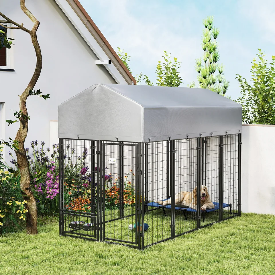 8 x 4 x 6 Outdoor Dog Kennel, Dog Kennel Outside Run with 360° Rotating Bowls, Waterproof & UV Resistant Cover
