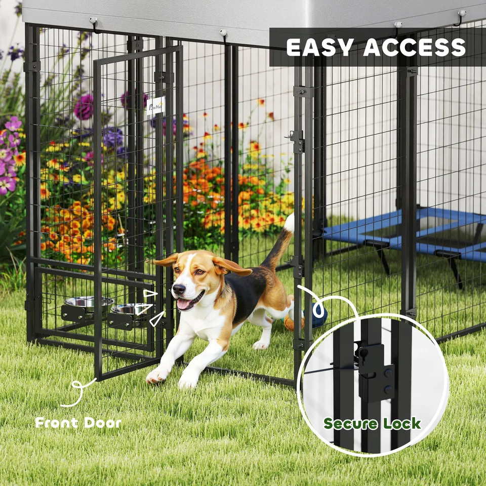 8 x 4 x 6 Outdoor Dog Kennel, Dog Kennel Outside Run with 360° Rotating Bowls, Waterproof & UV Resistant Cover view 2