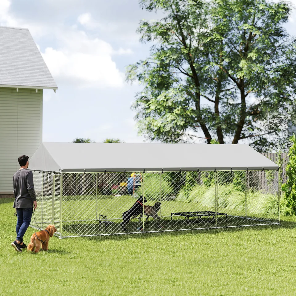 Heavy Duty Outdoor Dog Kennel with Waterproof Roof, 2 Secure Latches, Chain Link Dog Run for Backyard, 20 x 10 x 7