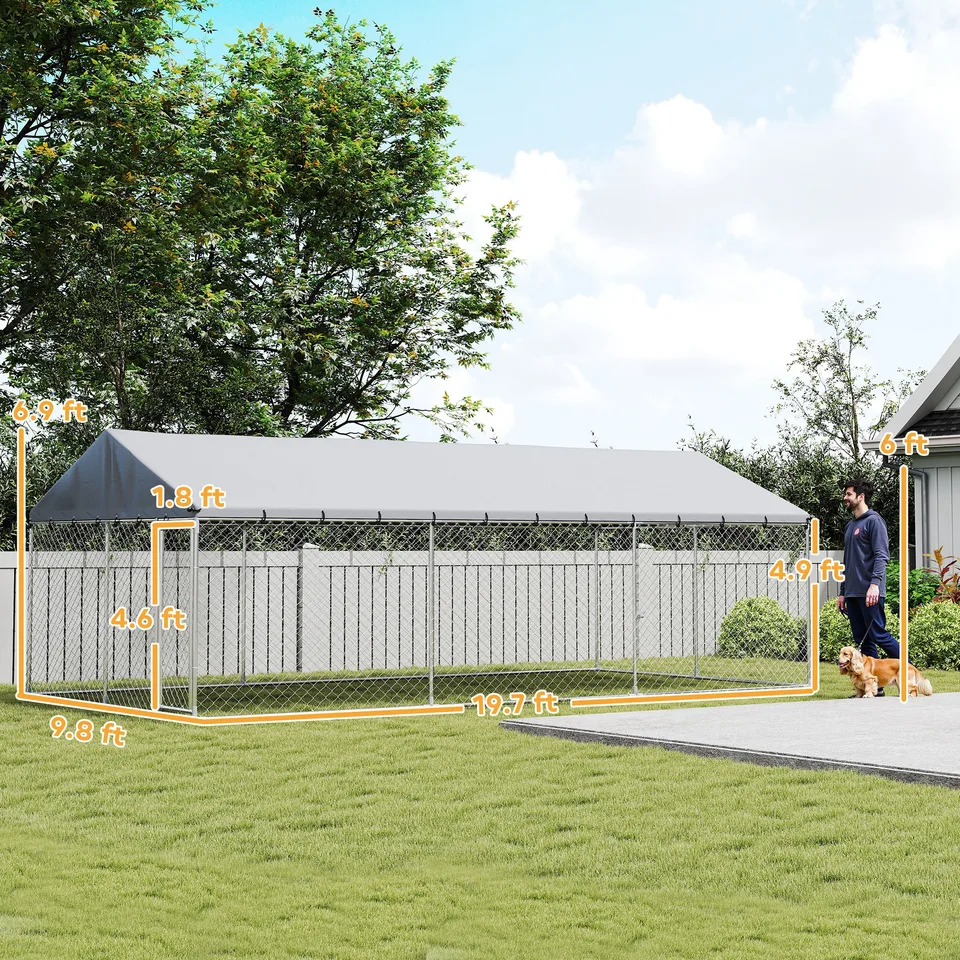 Heavy Duty Outdoor Dog Kennel with Waterproof Roof, 2 Secure Latches, Chain Link Dog Run for Backyard, 20 x 10 x 7 view 2