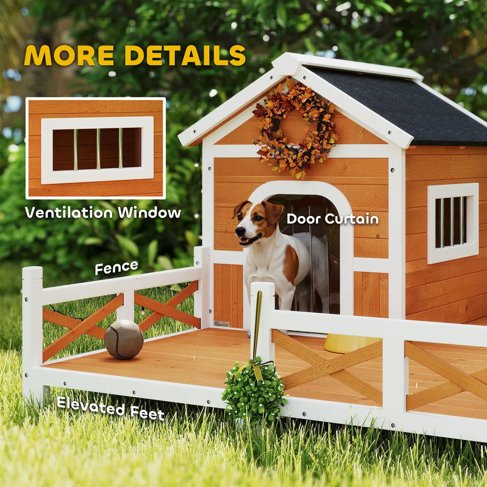 Outdoor Wooden Dog House, Dog Shelter with Large Porch, Weatherproof & Openable Roof, Elevated Base, Removable Floor view 4