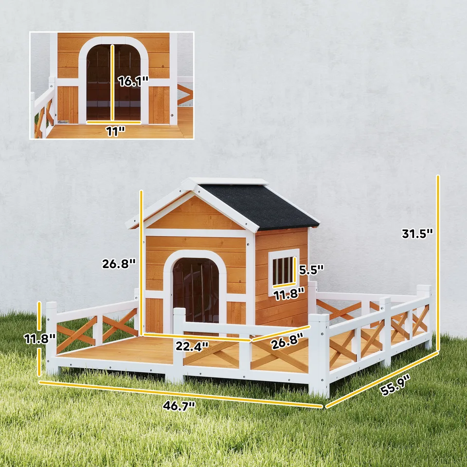 Outdoor Wooden Dog House, Dog Shelter with Large Porch, Weatherproof & Openable Roof, Elevated Base, Removable Floor view 2