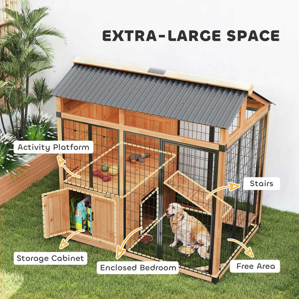 7' x 5' Extra Large Dog House, Wood Outdoor Dog Kennel with Platform, Storage Cabinet for Large Breeds, Yellow view 3