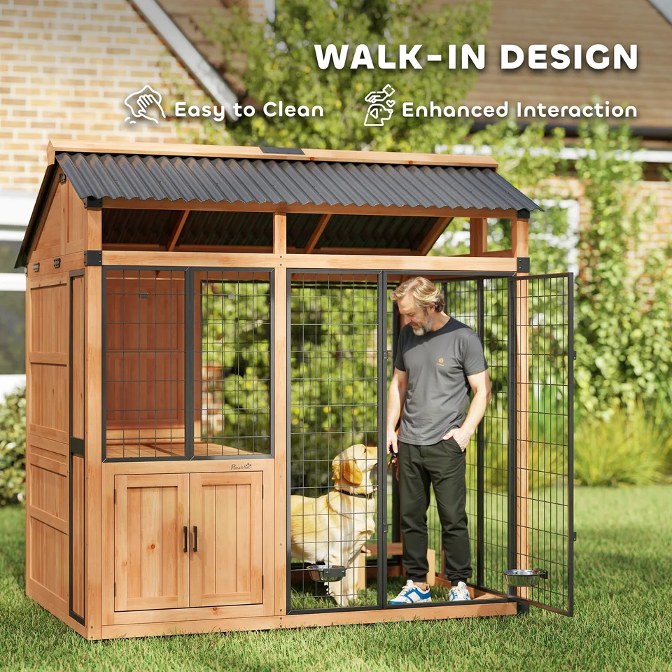 7' x 5' Extra Large Dog House, Wood Outdoor Dog Kennel with Platform, Storage Cabinet for Large Breeds, Yellow view 2
