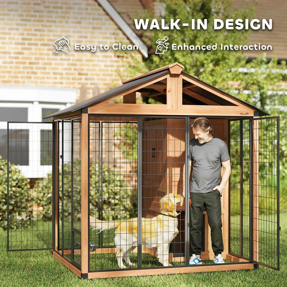 7 x 6 Extra Large Dog House, Wood Outdoor Dog Kennel with Storage Cabinet, Stainless Steel Bowls, Light Yellow view 2