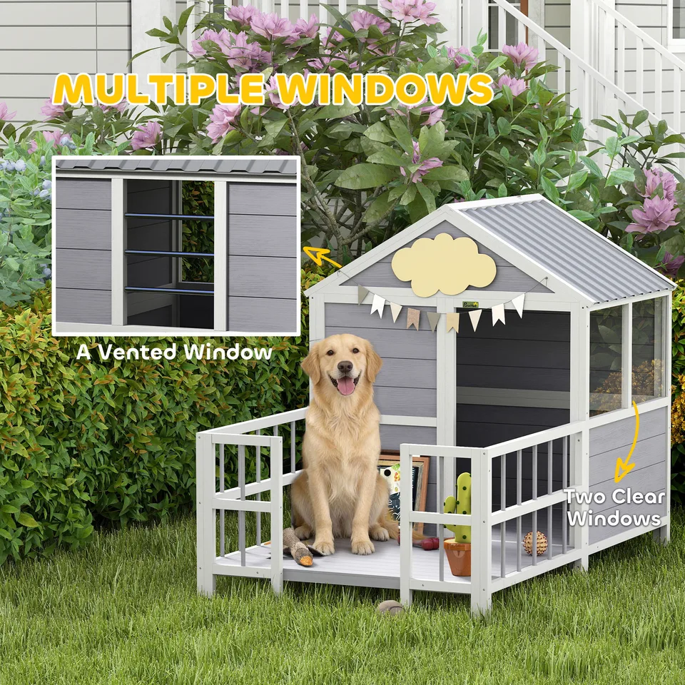 Outdoor Dog House, 61"L Wooden Dog House with Porch, Weatherproof Roof, Elevated Base, Air Vents & Observation Windows view 2