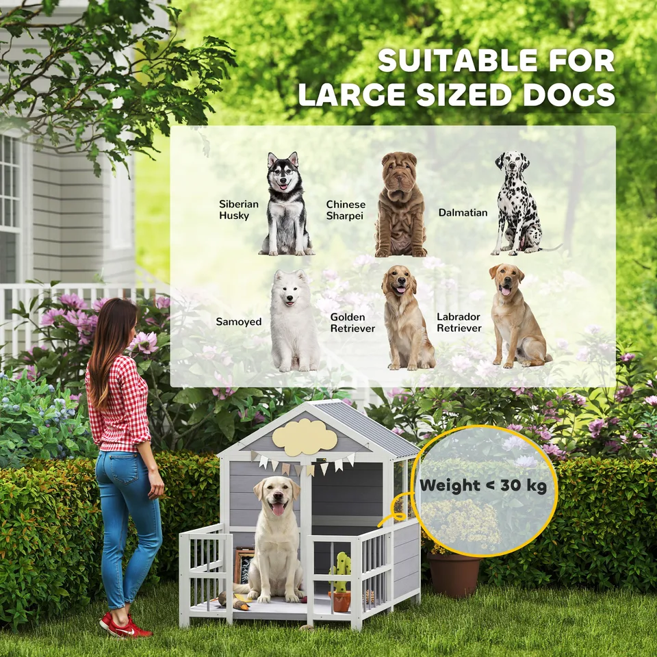 Outdoor Dog House, 61"L Wooden Dog House with Porch, Weatherproof Roof, Elevated Base, Air Vents & Observation Windows view 3