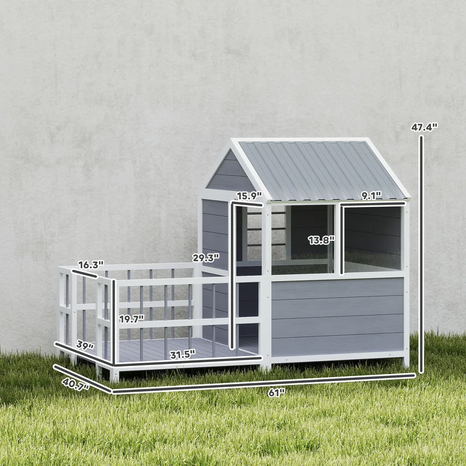 Outdoor Dog House, 61"L Wooden Dog House with Porch, Weatherproof Roof, Elevated Base, Air Vents & Observation Windows view 4