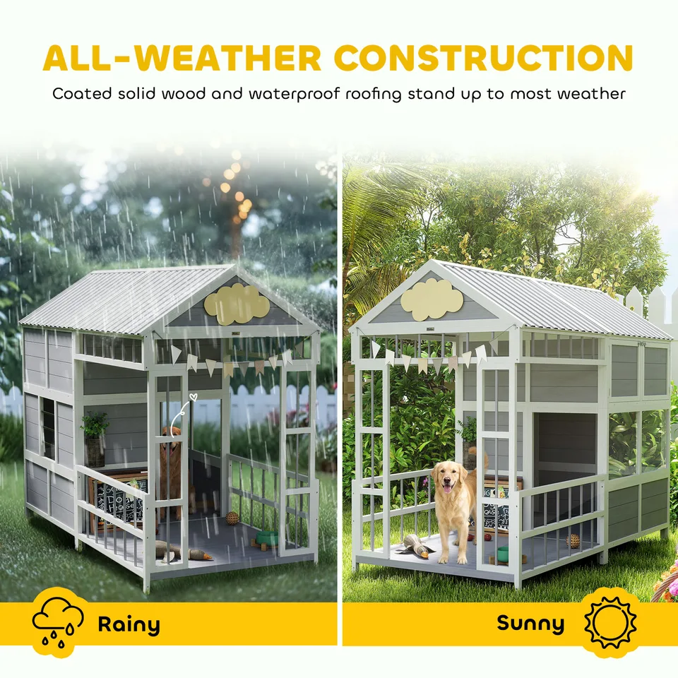 79"L Large Dog House Outdoor, Wooden Dog Kennel with Porch, Storage Cabinet,Weatherproof Roof, Windows view 2